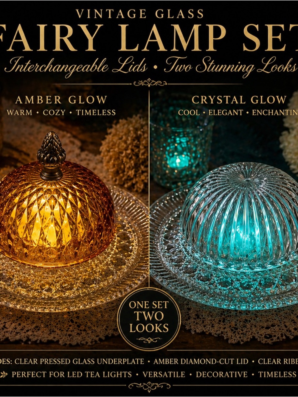 Vintage Glass Fairy Lamp Set Amber & Clear Interchangeable Lids